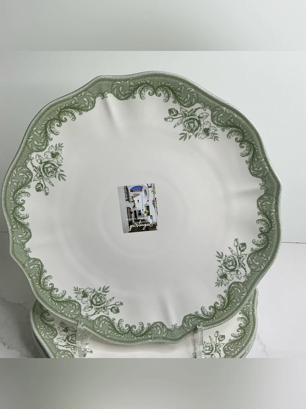 4 Matceramica Stoneware Dinner Plates Green Rose Scalloped 11” Portugal New